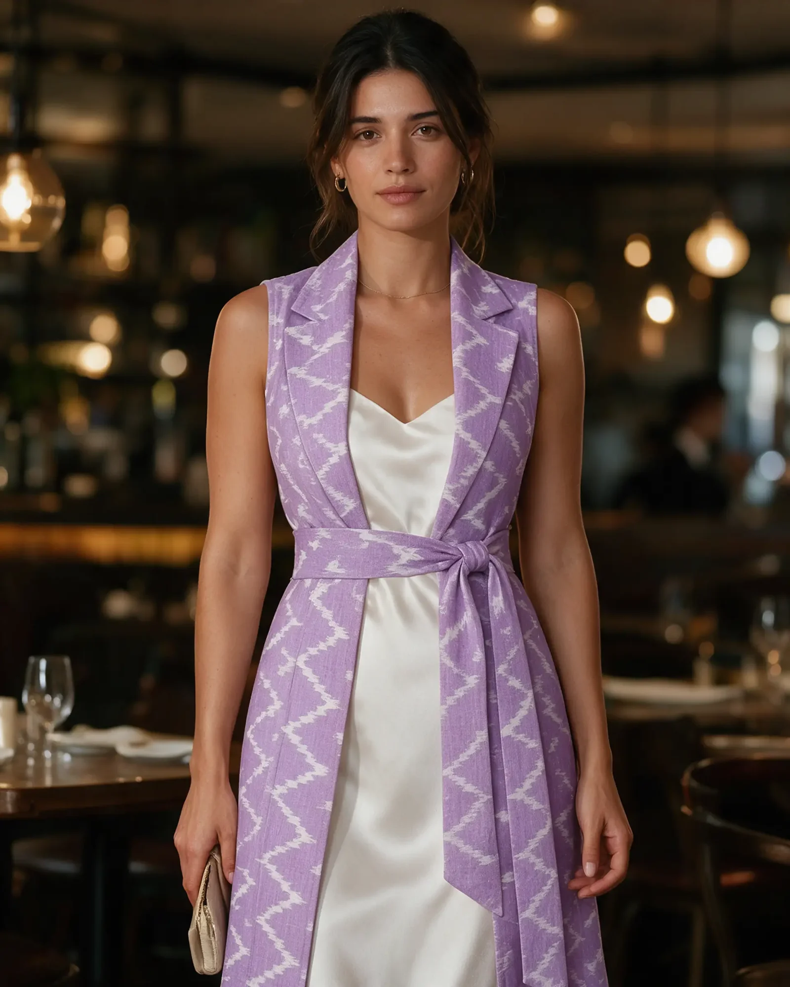 A woman in the lilac Lahari Waistcoat belted over a white satin slip dress at a warm-lit restaurant
