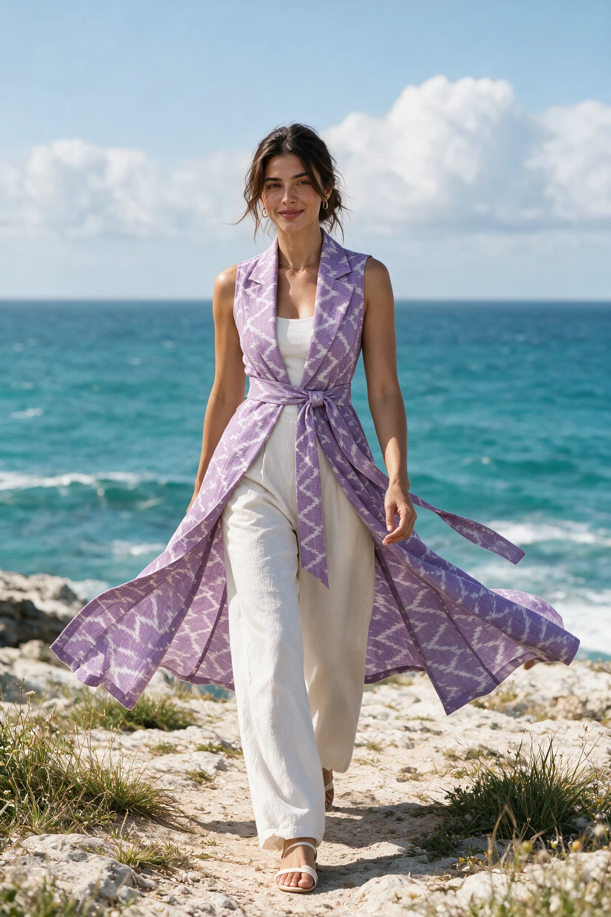 Lahari Waistcoat, Lilac, worn at windy coastal cliff