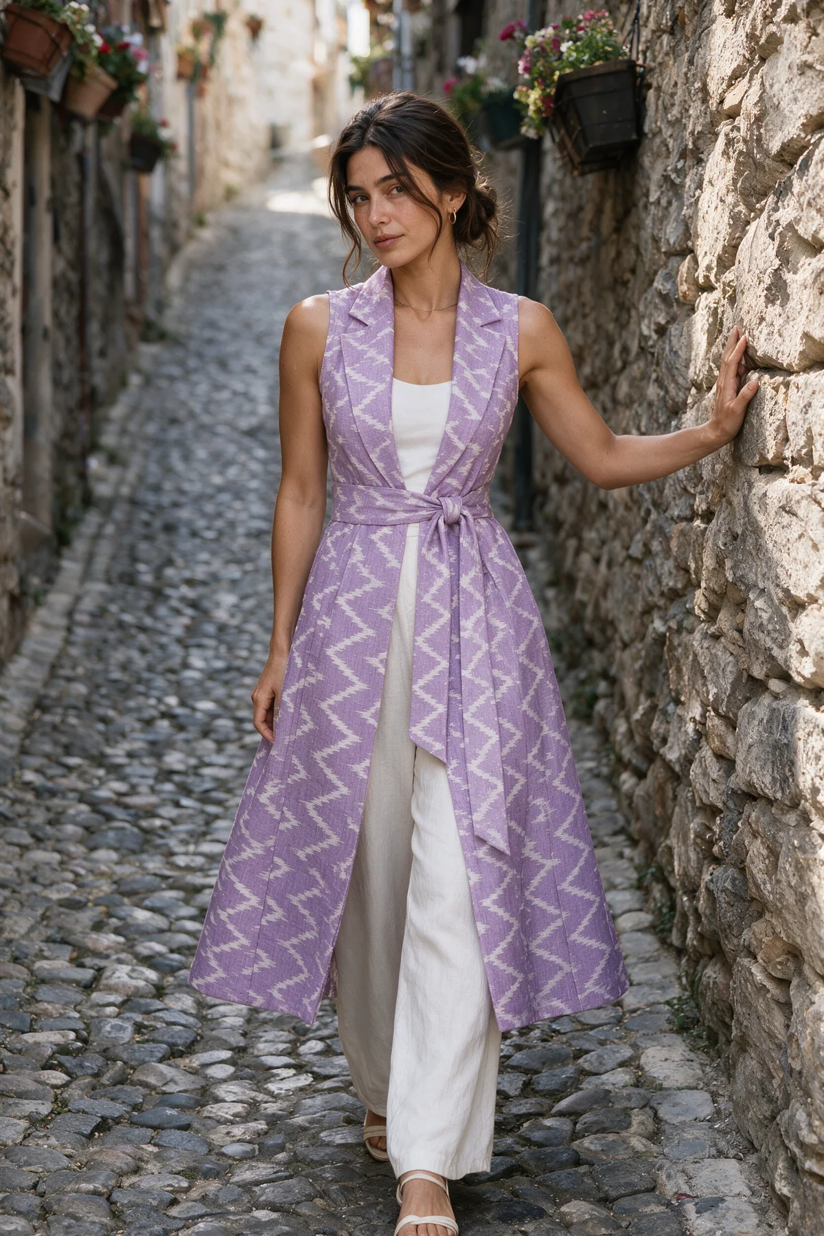 Lahari Waistcoat, Lilac, worn at cobbled hill town